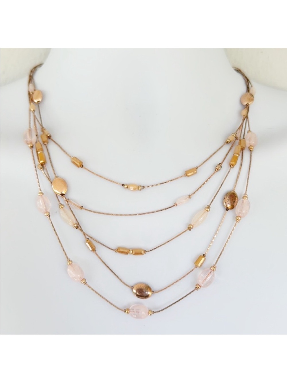 Vintage rose gold blush pink layered bead necklace